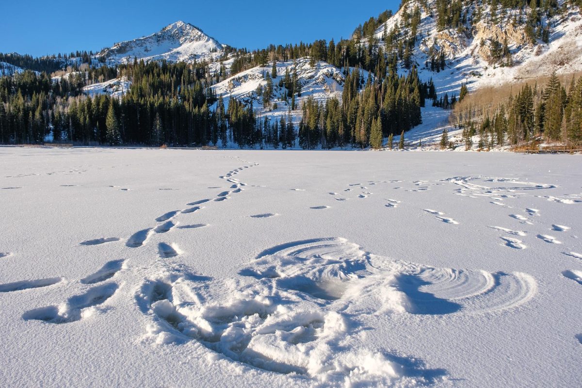 Footprints and a snow angel found on top of Silver Lake at Brighton, Utah, on Friday, Dec. 6, 2024. Like many other alpine lakes found in the Wasatch, Silver Lake freezes over during the winter with ice thick enough to walk on and ski across. (Photo by Marco Lozzi | The Daily Utah Chronicle)