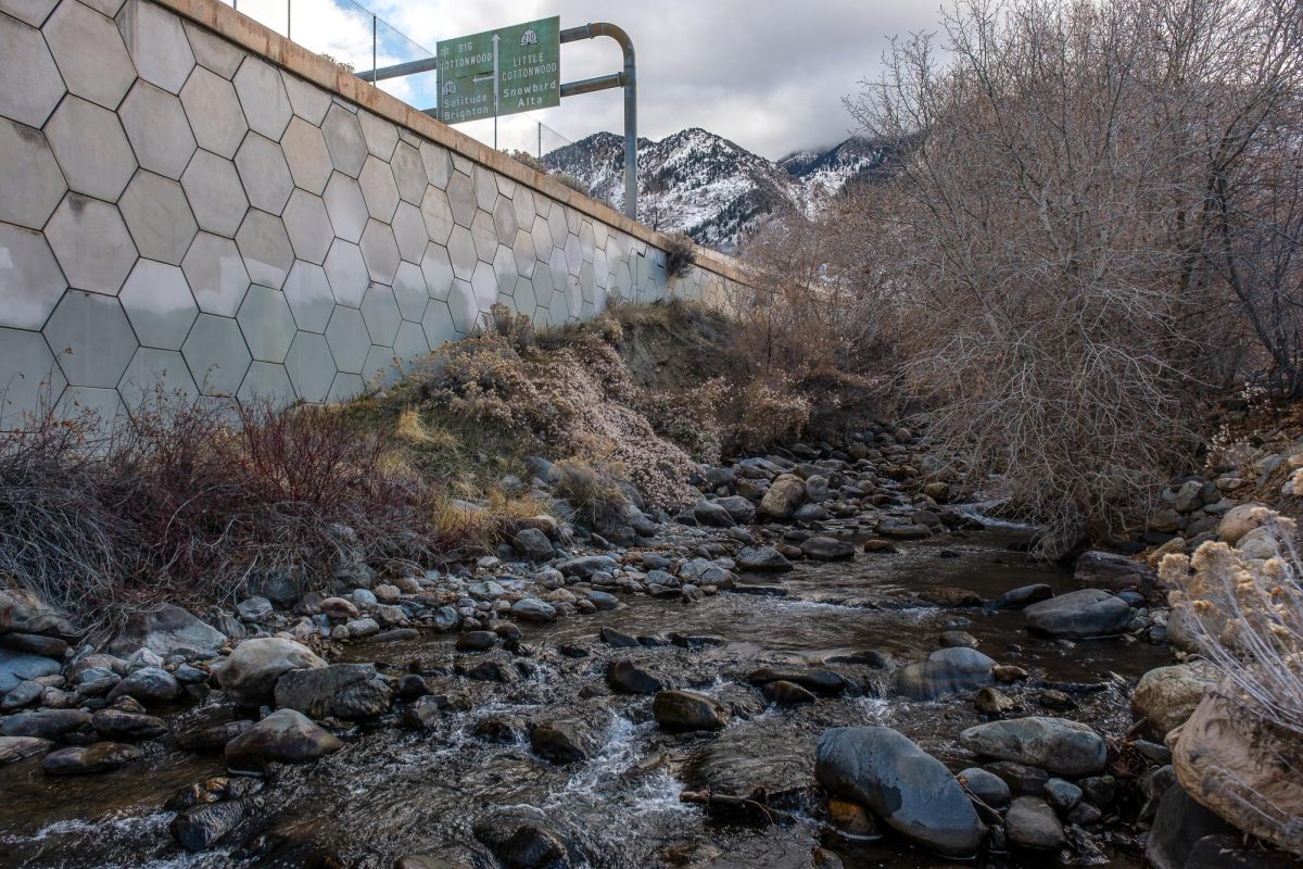 Water that bypasses the Big Cottonwood Water Treatment Plant flows in Cottonwood Heights, Utah, on Monday, Dec. 9, 2024. After exiting Big Cottonwood Canyon, the water that is not filtered at the treatment plant flows northwest towards the Jordan River and the Great Salt Lake. (Photo by Marco Lozzi | The Daily Utah Chronicle)