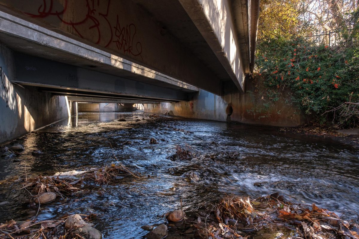 Water from Big Cottonwood Creek flows under a bridge in Holladay, Utah, on Monday, Dec. 9, 2024. After exiting the canyon, Big Cottonwood Creek travels under large highways, behind busy businesses and adjacent to numerous neighborhoods. (Photo by Marco Lozzi | The Daily Utah Chronicle)