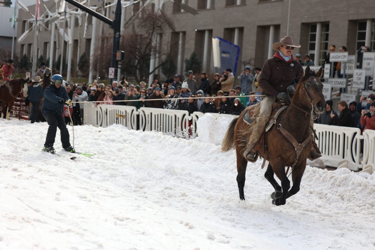 A skier competes in the Winter Roundup Skijoring event on Feb. 8, 2025 in Salt Lake City. (Photo by Fiona Murray | The Daily Utah Chronicle)