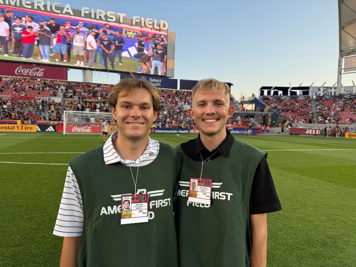 Daily Utah Chronicle Sports Editor John Leone and Assistant Sports Editor Collyn Cowles on the field at a Real Soccer match on July 19, 2025 at America First Field, Sandy, Utah. (Photo courtesy of Collyn Cowles | The Daily Utah Chronicle)