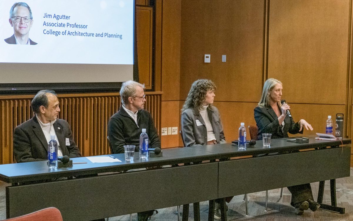 Manish Parashar, Jim Agutter, Penny Atkins and Rebekah Cummings answer questions at the AI symposium on Nov. 21, 2025 in the Marriott Library. (Photo by Leo LeBohec | The Daily Utah Chronicle)