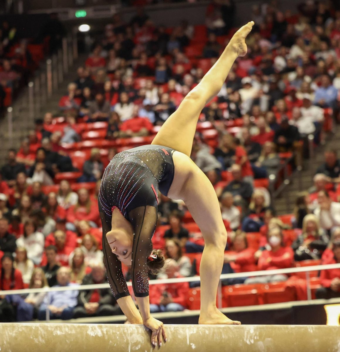 Utah junior Ella Zirbes competes on the balance beam during a tri-meet against Minnesota and Iowa at the Jon M. Huntsman Center on Friday, Jan. 2, 2026, in Salt Lake City. (Photo by Sean Stetson | The Daily Utah Chronicle)