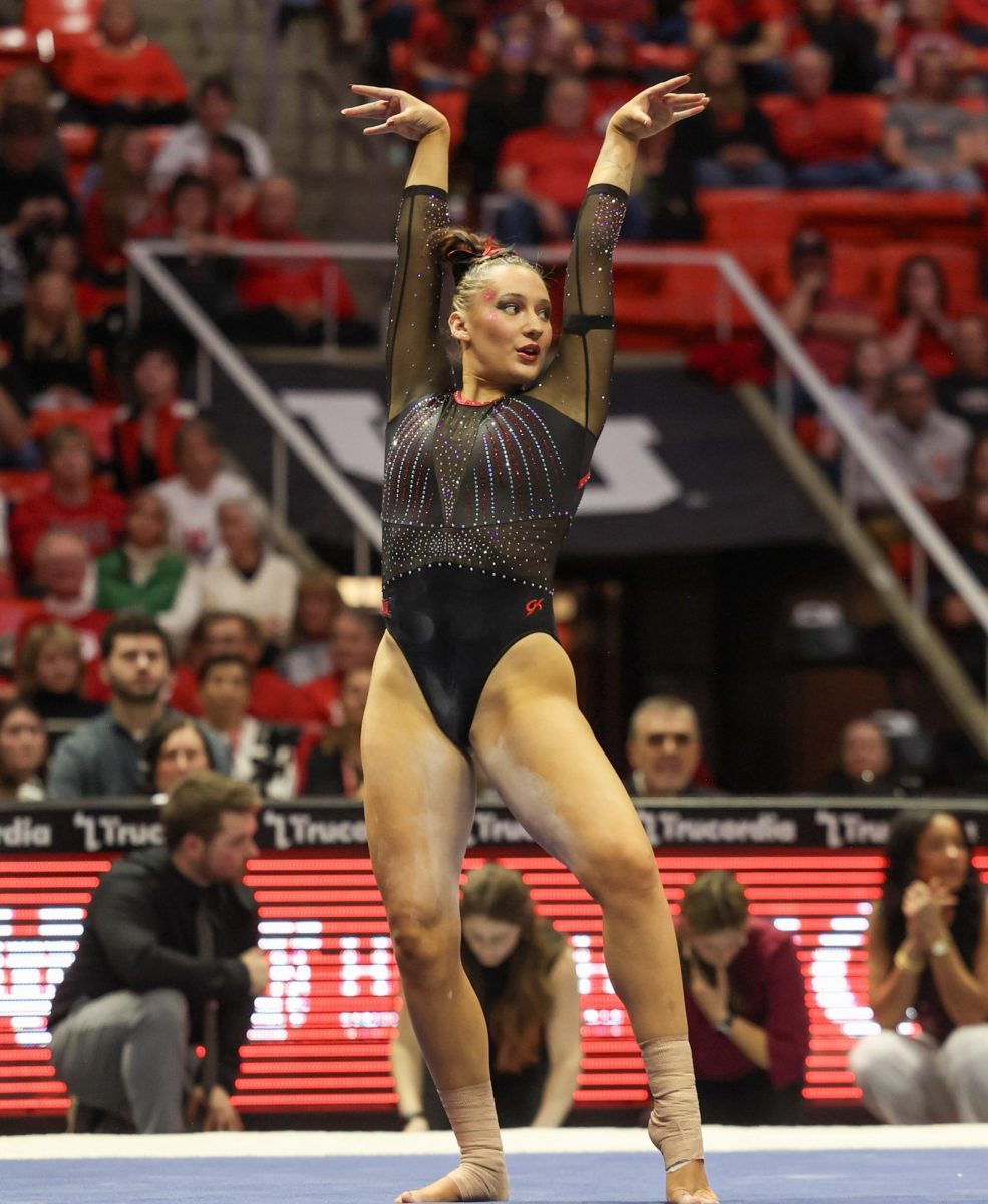 Utah senior Makenna Smith competes on floor exercise during a tri-meet against Minnesota and Iowa at the Jon M. Huntsman Center on Friday, Jan. 2, 2026. (Photo by Sean Stetson | The Daily Utah Chronicle)