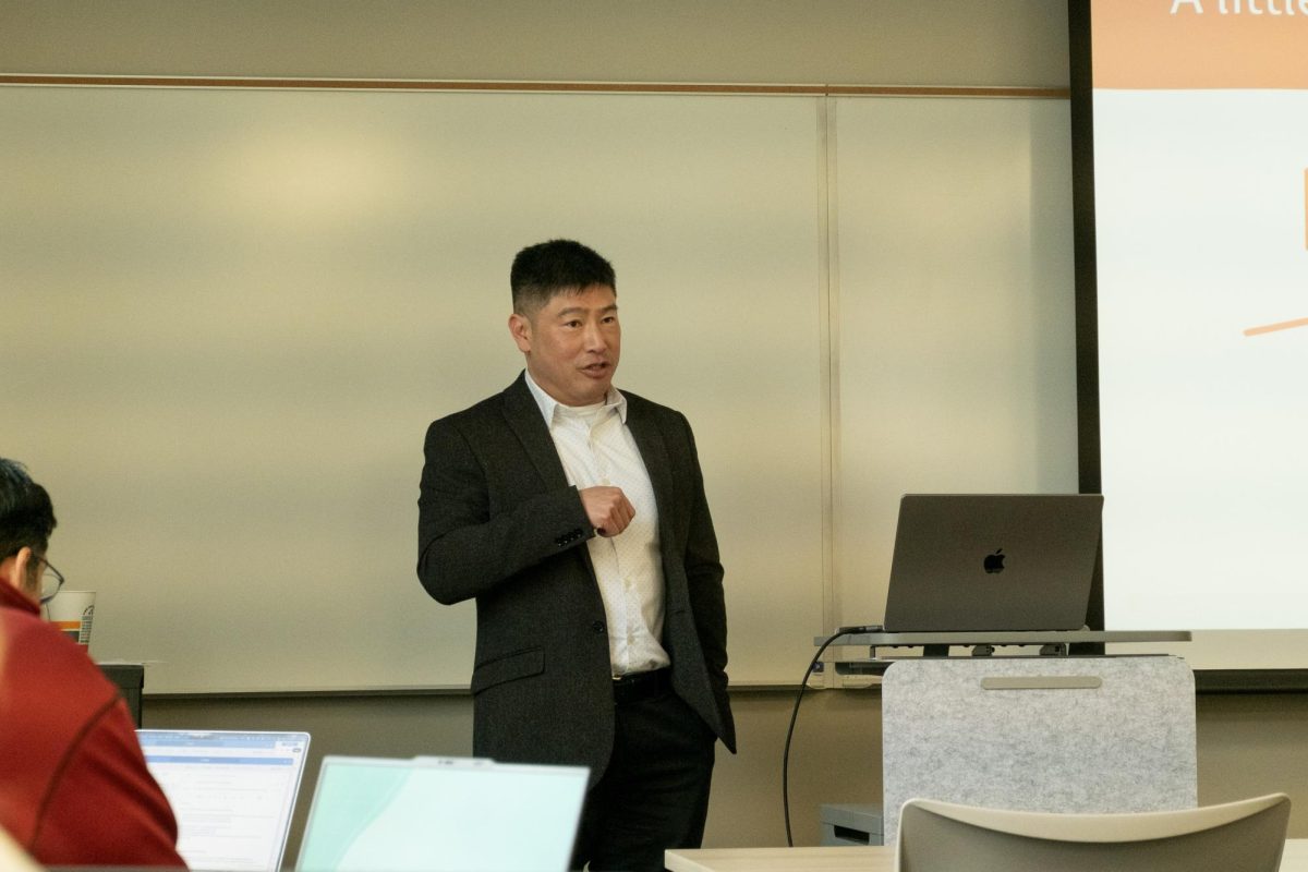 Victor Lee speaks on AI literacy initiatives on Friday, Jan. 23, 2026 in the L.S. Skaggs Applied Science Building on the University of Utah Campus. (Photo by Leo LeBohec | The Daily Utah Chronicle)