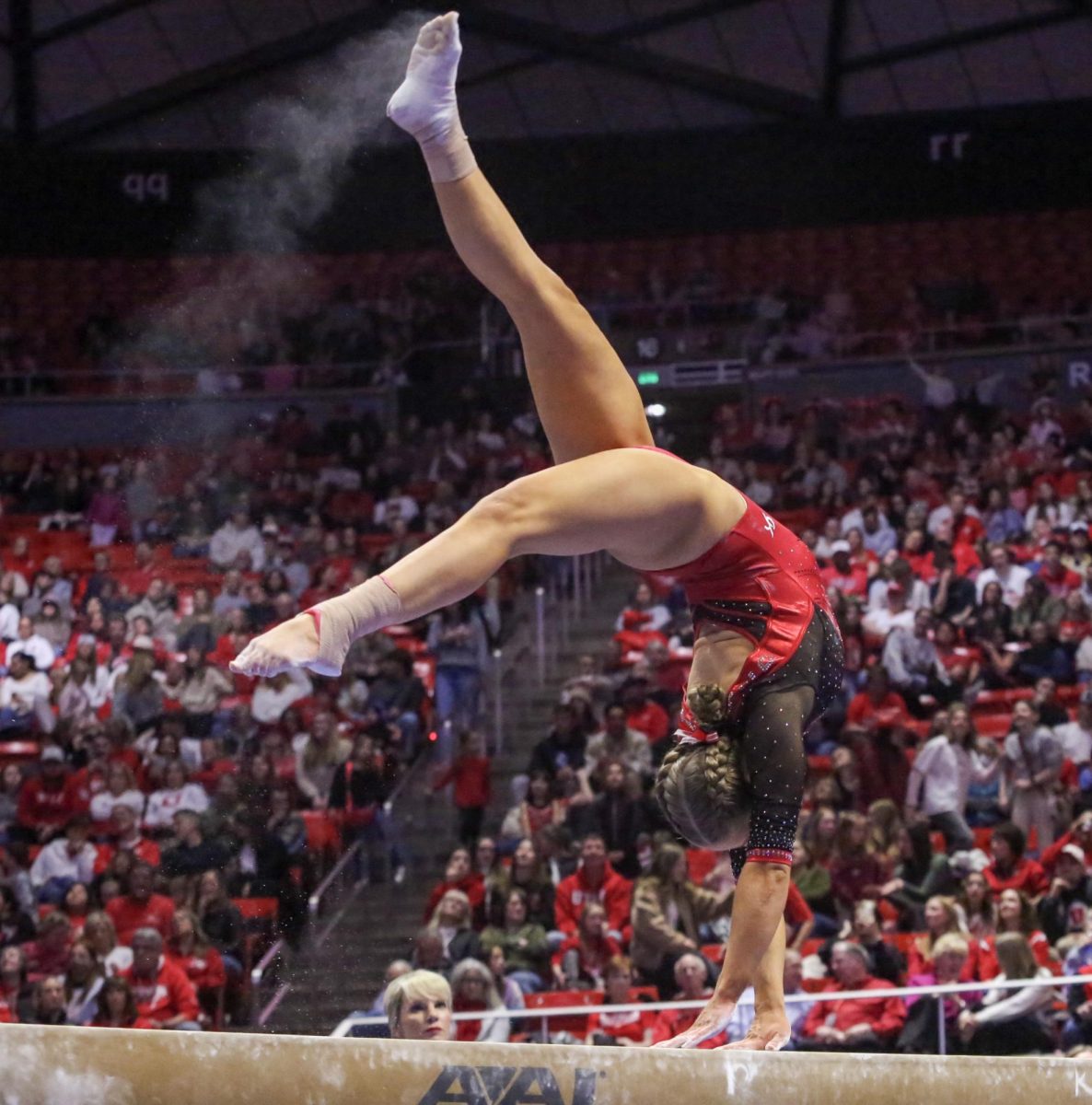 Camie Winger on beam against Arizona State Jan 30 at the Jon M. Huntsman Center in Salt Lake City