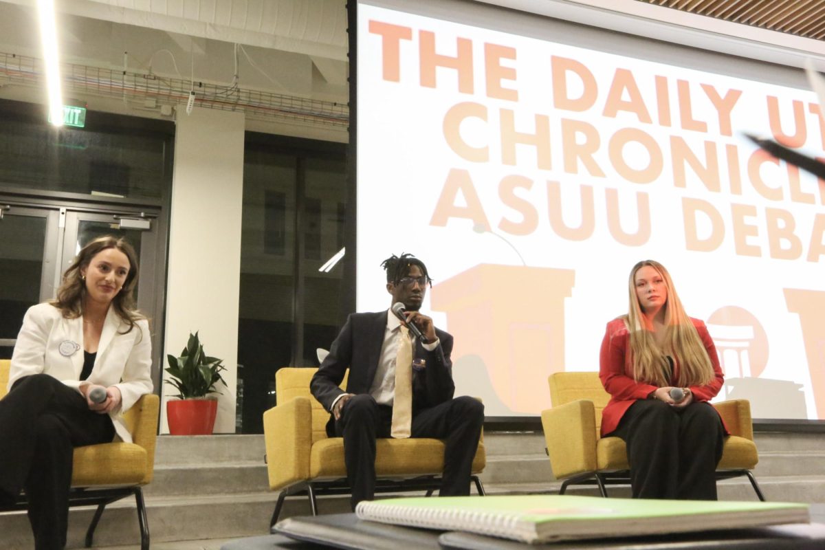 ASUU presidential candidates Erica Stringham, Ray Baker and Carol Hand speak at The Daily Utah Chronicle X ASUU Debate on Thursday, Feb. 19, 2026. (Photo by Luca DiGregorio | The Daily Utah Chronicle)
