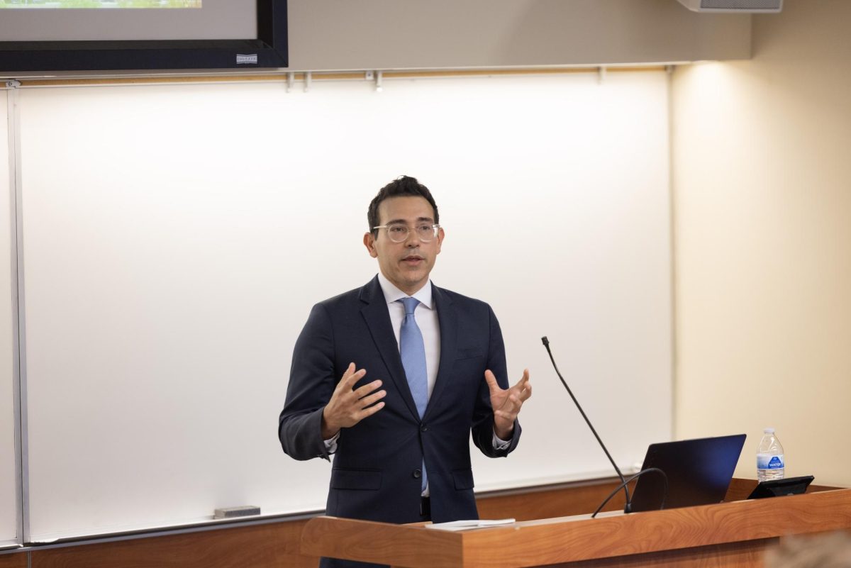 NYU professor of Latin American history Alejandro Velasco discusses Venezuela's economy and political positions at the Carolyn Tanner Irish Humanities Building on Friday, Feb. 27, 2026. (Photo by Luca DiGregorio | The Daily Utah Chronicle)