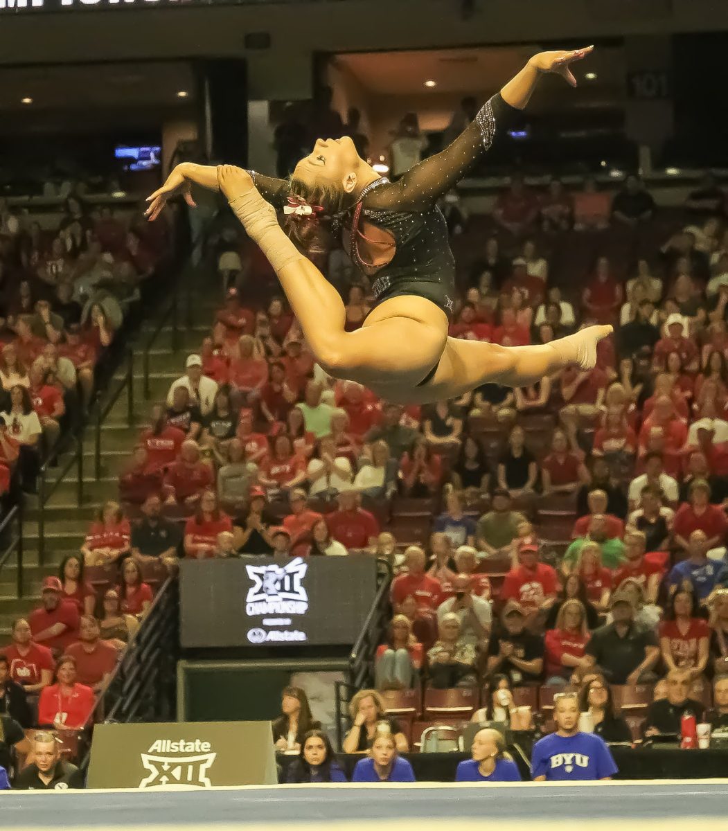 Makenna Smith on floor at the Big 12 Championship at the Maverick Center on March 21, 2026