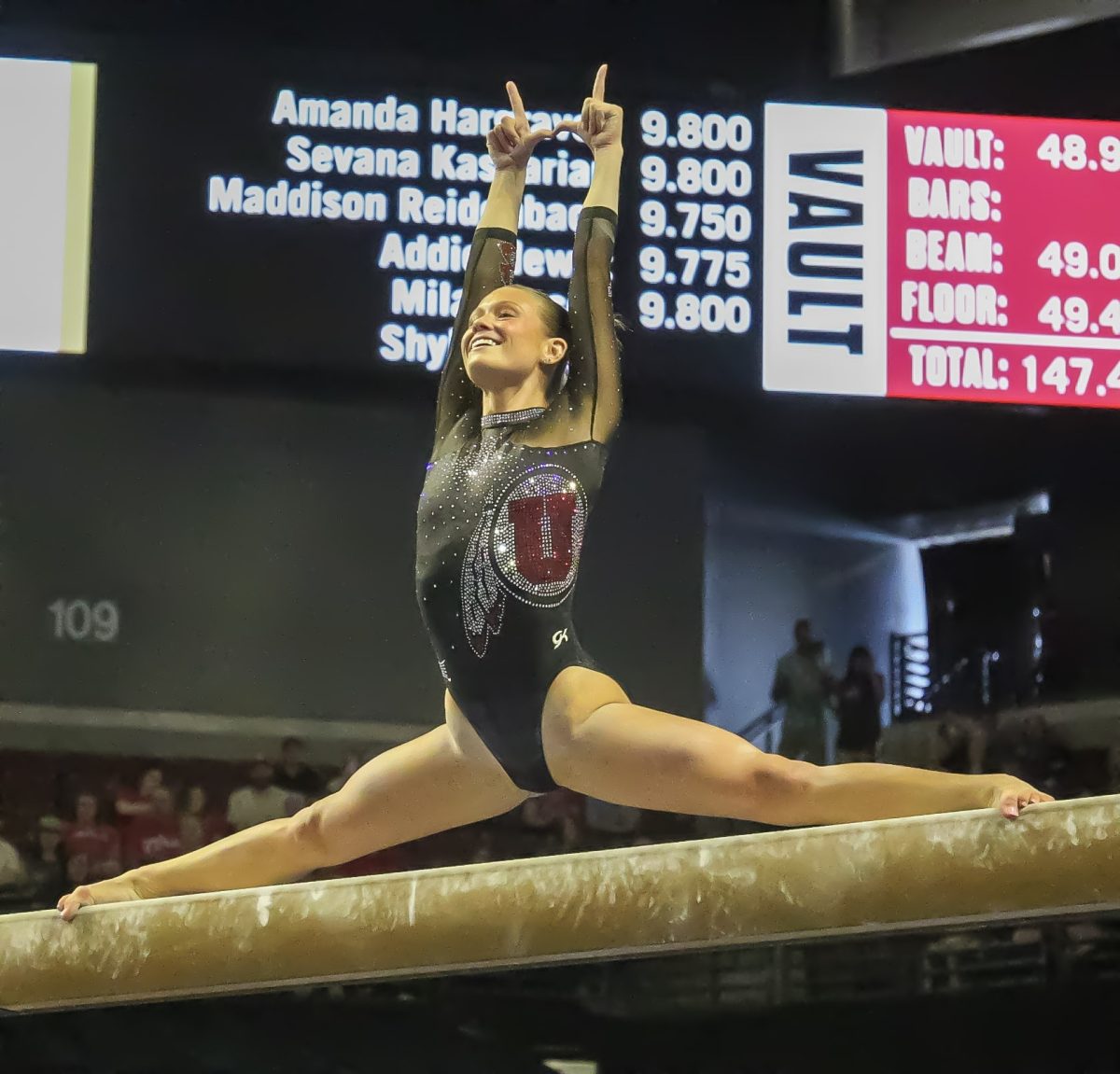 Avery Neff on beam at the Big 12 Championship at the Maverick Center on March 21, 2026