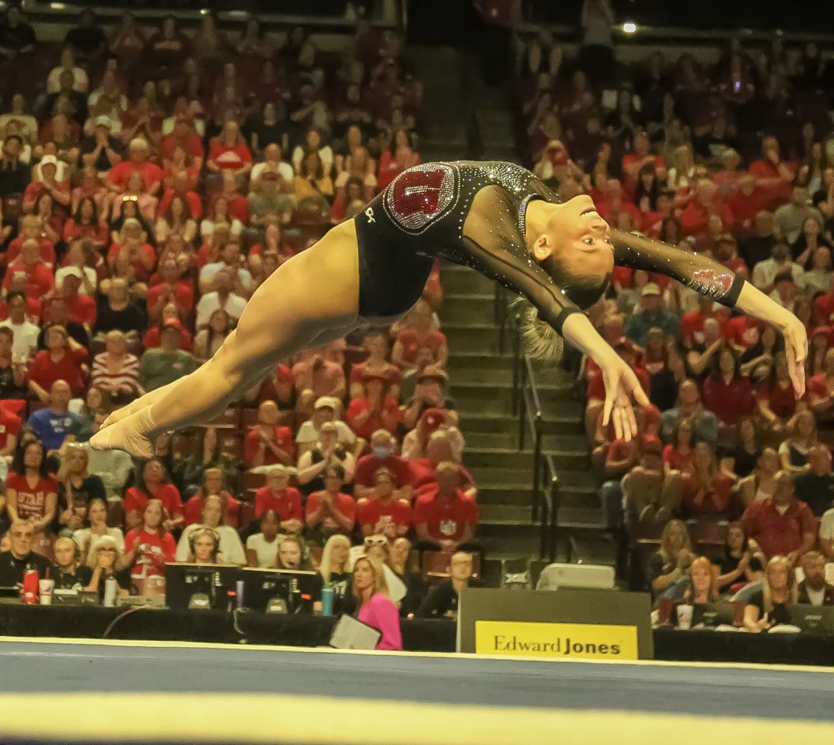 Avery Neff on floor at the Big 12 Championship at the Maverick Center on March 21, 2026