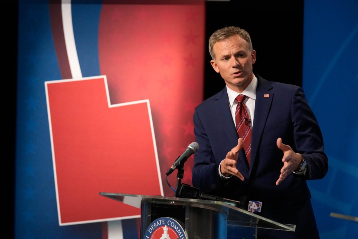 Blake Moore answers questions from the media after the GOP District 3 Primary Debate with Karianne Lisonbee, at KUED studio in Salt Lake City on Monday, June 1, 2026. (Pool photo by Francisco Kjolseth/The Salt Lake Tribune)