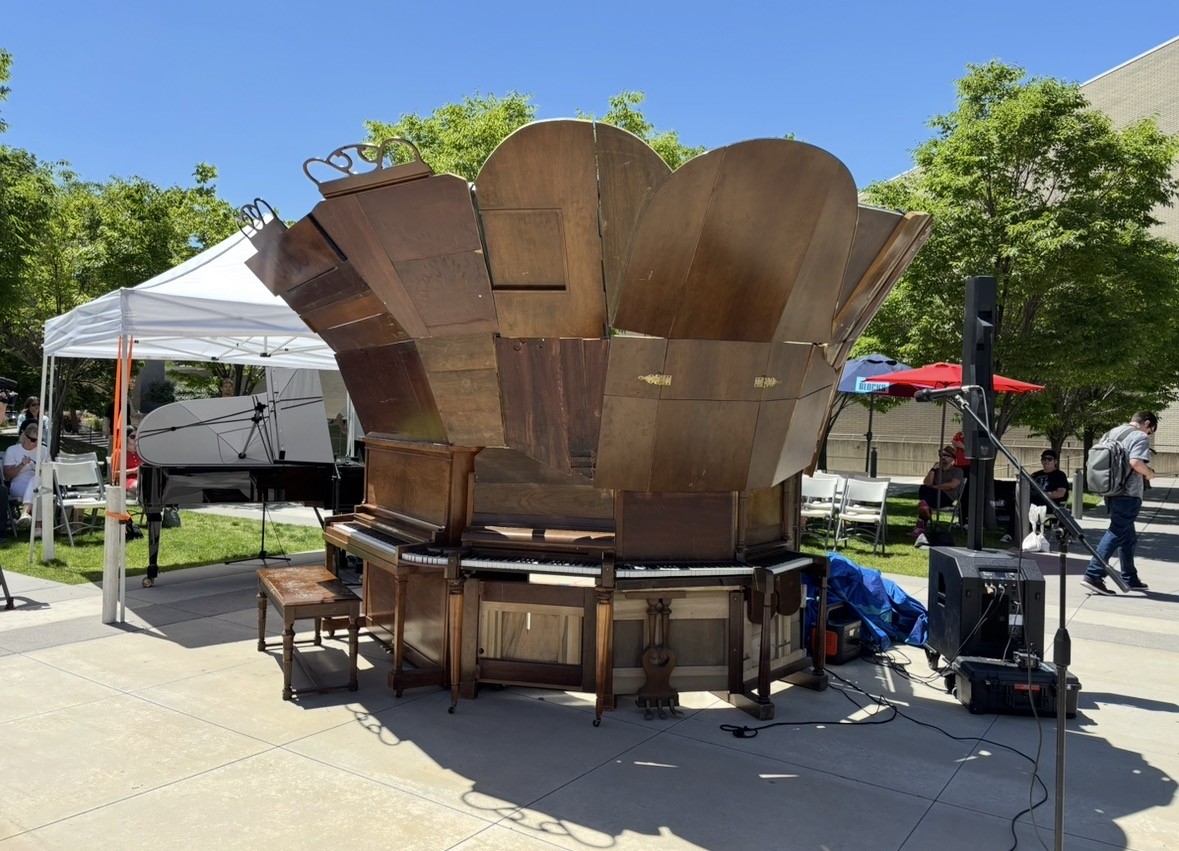 The sculpture, created from five pianos, in downtown Salt Lake City on June 5.  (The Daily Utah Chronicle | Photo by Elise Golightly)