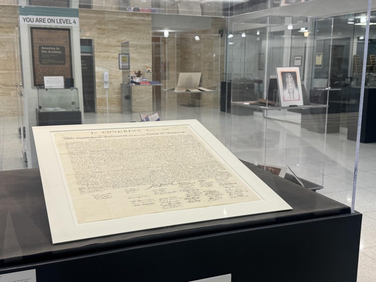A facsimile of the Declaration of Independence in the "America in the Archive: The Many Voices of Democracy" exhibition on July 7, 2026 in the Marriott Library. (Photo by Meadow Stewart | The Daily Utah Chronicle)