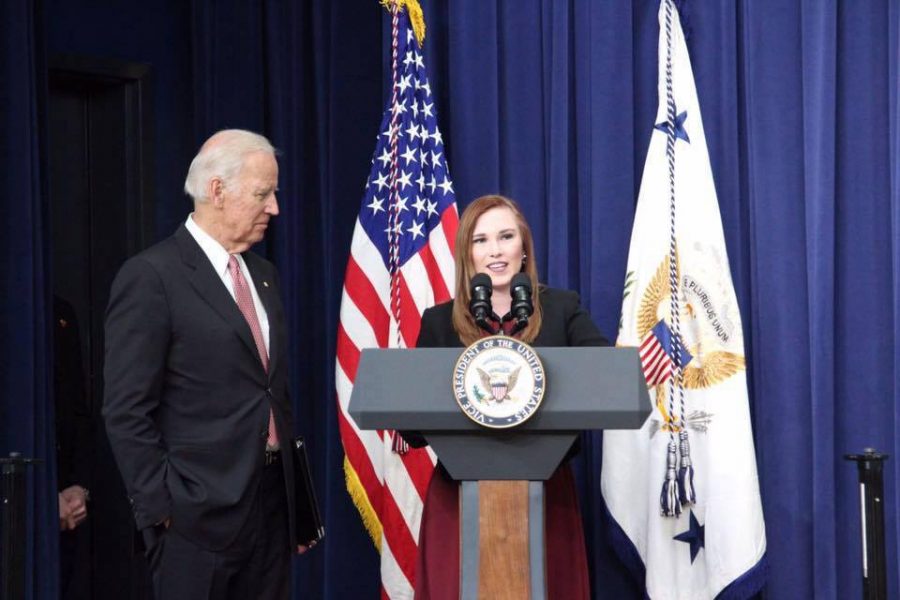 Julianne Skrivan, a U senior studying media art, communication and film, introduces Vice President Joe Biden at the White Houses Its On Us Summit on January 5, 2017. 