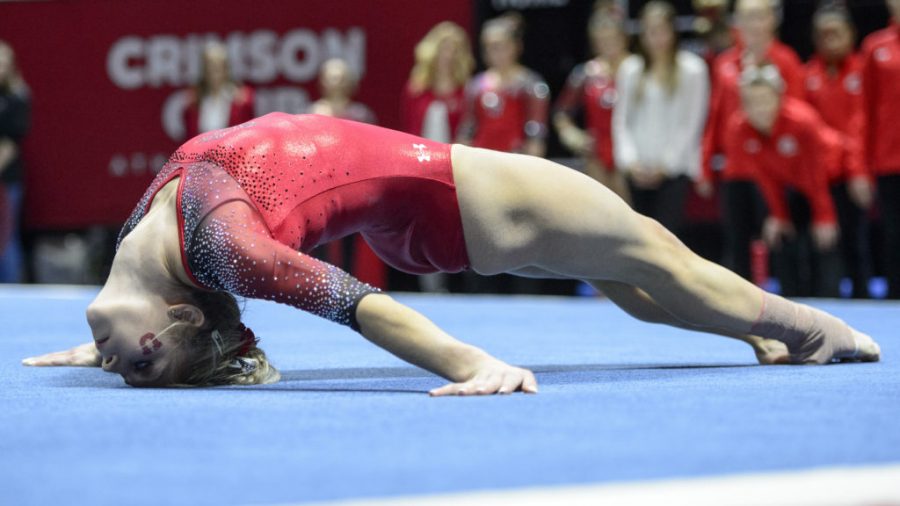 The University of Utah Womens Gymnastics team sophomore Sabrina Schwab performs during her floor routine vs the Michigan Wolverines at the Huntsman Center on Saturday, January 7, 2017