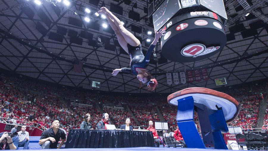 The University of Utah Womens Gymnastics sophomore Kari Lee flys through the air on the vault in a meet with Stanford at the John M. Huntsman Center on Friday, March 3, 2017 (Kiffer Creveling | The Daily Utah Chronicle)