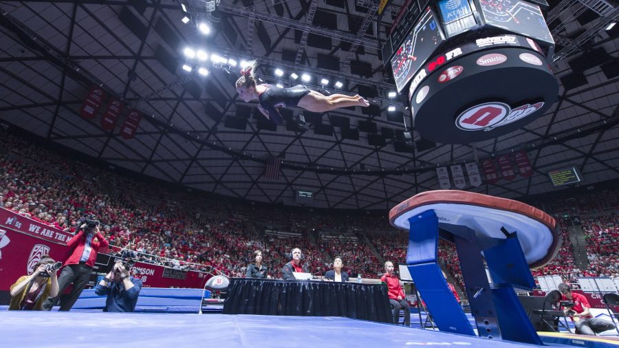 The University of Utah Womens Gymnastics freshman Mykayla Skinner flies through the air on vault in a meet with Stanford at the John M. Huntsman Center on Friday, March 3, 2017 (Kiffer Creveling | The Daily Utah Chronicle)