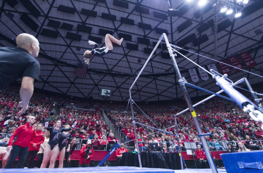 The University of Utah Womens Gymnastics sophomore Kari Lee in a meet with Stanford at the John M. Huntsman Center on Friday, March 3, 2017 (Kiffer Creveling | The Daily Utah Chronicle)