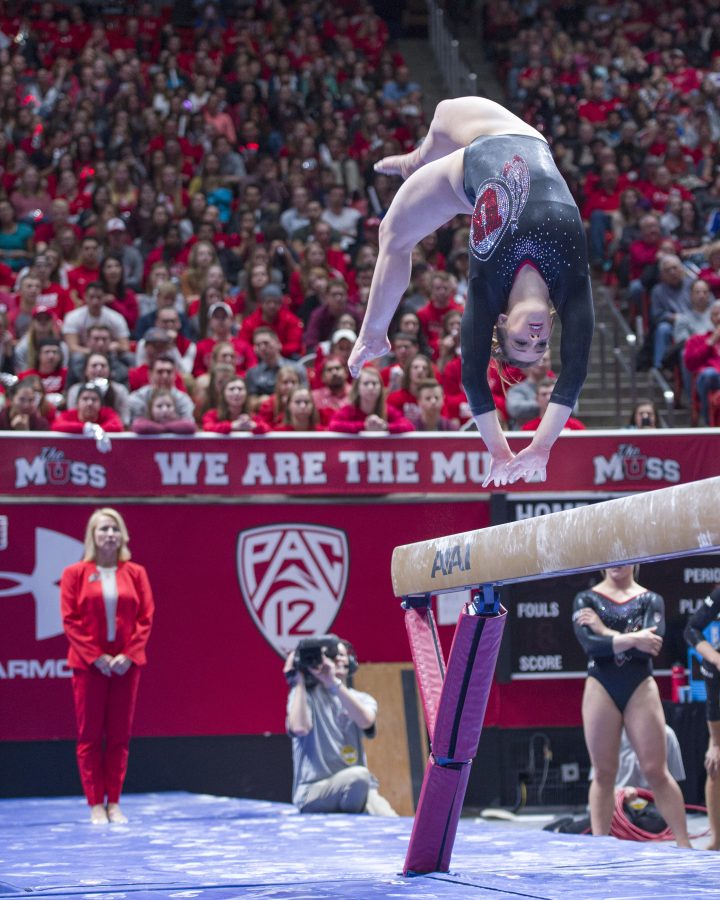 The University of Utah Womens Gymnastics senior Baely Rowe performs on the balance beam in a meet with Stanford at the John M. Huntsman Center on Friday, March 3, 2017 (Kiffer Creveling | The Daily Utah Chronicle)