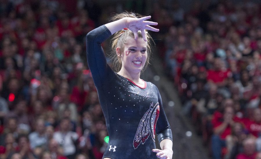 The+University+of+Utah+Womens+Gymnastics+senior+Baely+Rowe+smiles+during+her+performance+on+the+balance+beam+in+a+meet+with+Stanford+at+the+John+M.+Huntsman+Center+on+Friday%2C+March+3%2C+2017+%28Kiffer+Creveling+%7C+The+Daily+Utah+Chronicle%29