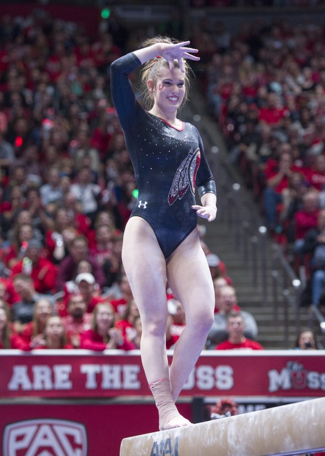 The University of Utah Womens Gymnastics senior Baely Rowe smiles during her performance on the balance beam in a meet with Stanford at the John M. Huntsman Center on Friday, March 3, 2017 (Kiffer Creveling | The Daily Utah Chronicle)