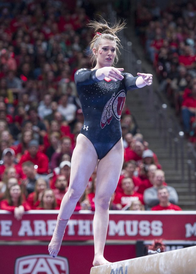 The University of Utah Womens Gymnastics senior Baely Rowe gets emotional on the balance beam in a meet with Stanford at the John M. Huntsman Center on Friday, March 3, 2017 (Kiffer Creveling | The Daily Utah Chronicle)