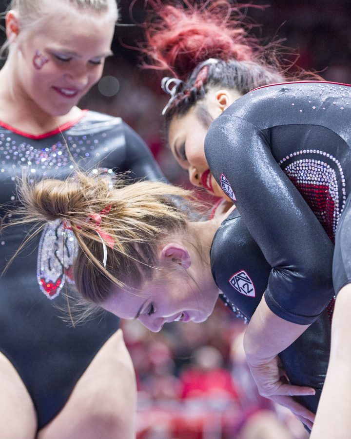 The University of Utah Womens Gymnastics senior Baely Rowe gets emotional after her balance beam performance in a meet with Stanford at the John M. Huntsman Center on Friday, March 3, 2017 (Kiffer Creveling | The Daily Utah Chronicle)