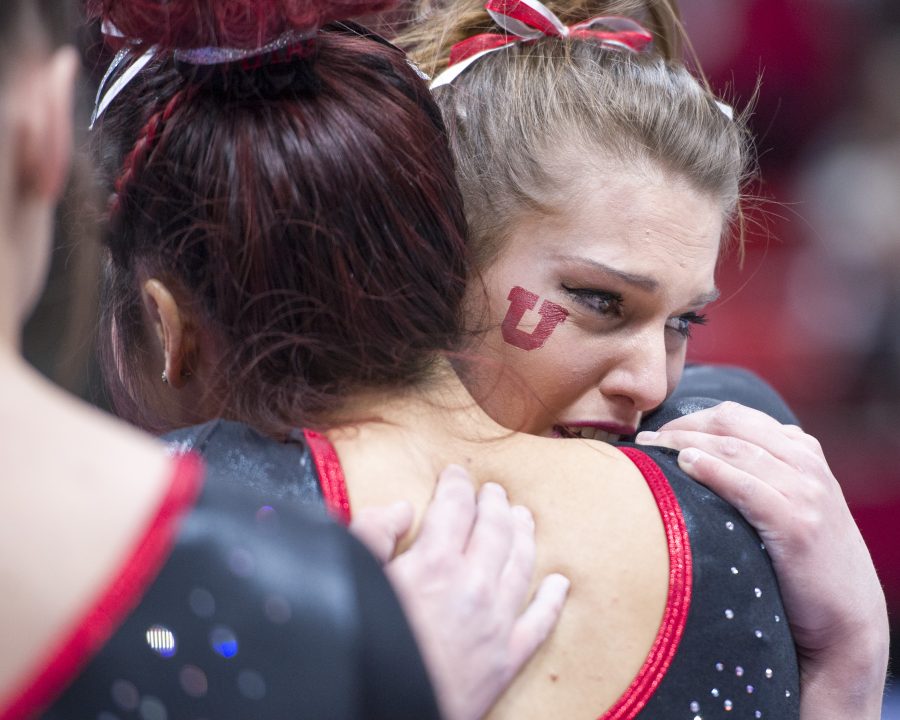 The University of Utah Womens Gymnastics senior Baely Rowe gets emotional after her balance beam performance in a meet with Stanford at the John M. Huntsman Center on Friday, March 3, 2017 (Kiffer Creveling | The Daily Utah Chronicle)
