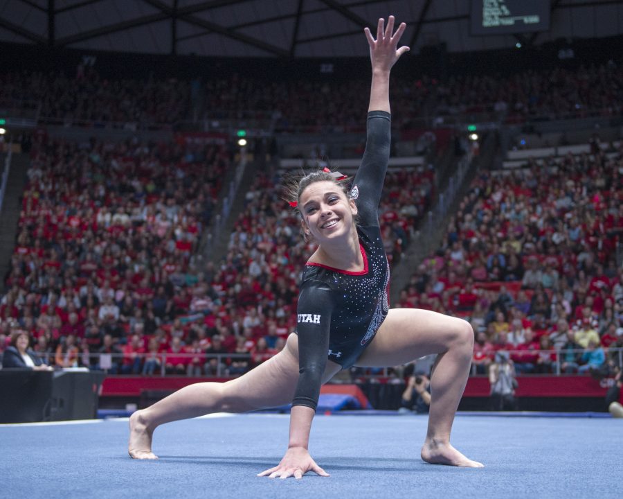 The University of Utah Womens Gymnastics sophomore Macey Roberts performs on the floor in a meet with Stanford at the John M. Huntsman Center on Friday, March 3, 2017 (Kiffer Creveling | The Daily Utah Chronicle)