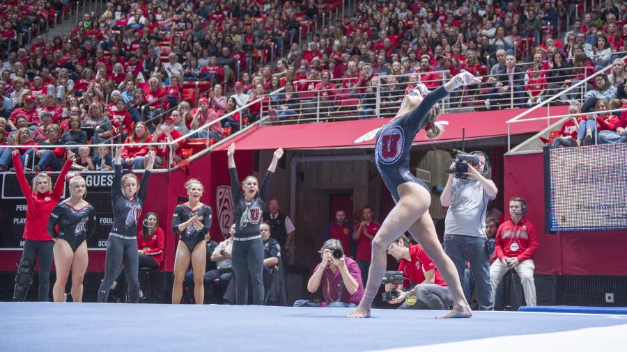 The University of Utah Womens Gymnastics freshman Mykayla Skinner lands her first routine while performing on the floor in a meet with Stanford at the John M. Huntsman Center on Friday, March 3, 2017 (Kiffer Creveling | The Daily Utah Chronicle)