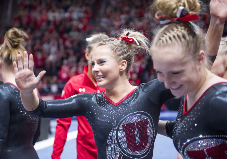 The University of Utah Womens Gymnastics freshman Mykayla Skinner celebrates gets emotional after receiving a perfect 10 on the floor in a meet with Stanford at the John M. Huntsman Center on Friday, March 3, 2017 (Kiffer Creveling | The Daily Utah Chronicle)