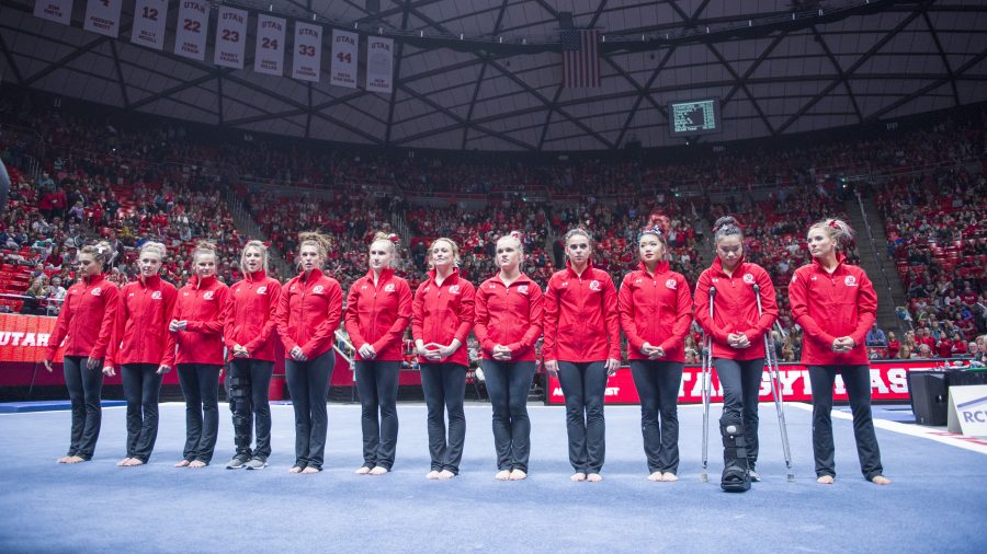 The University of Utah Womens Gymnastics Redrocks lineup following the meet with Stanford at the John M. Huntsman Center on Friday, March 3, 2017 (Kiffer Creveling | The Daily Utah Chronicle)