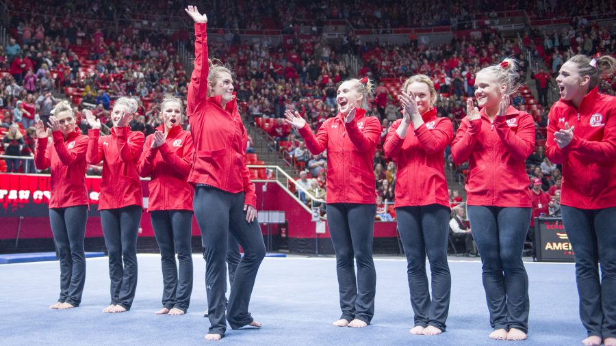 The University of Utah Womens Gymnastics senior Baely Rowe waves to the crowd after scoring the highest overall points in a meet with Stanford at the John M. Huntsman Center on Friday, March 3, 2017 (Kiffer Creveling | The Daily Utah Chronicle)