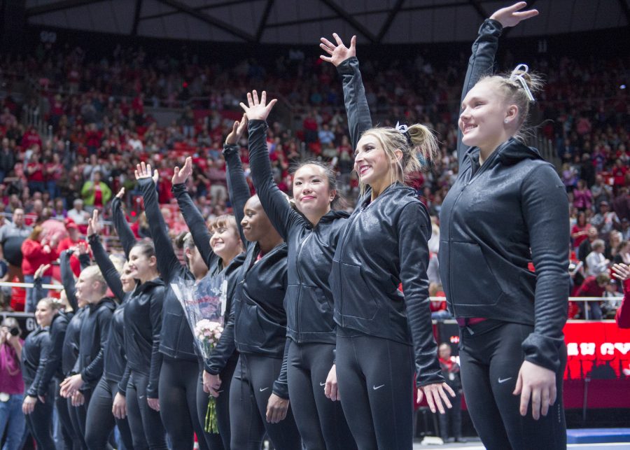 Stanford University waves to the crowd after the Gymnastics meet at the John M. Huntsman Center on Friday, March 3, 2017 (Kiffer Creveling | The Daily Utah Chronicle)