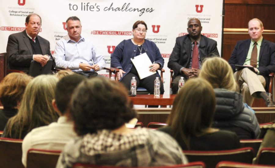 Panelists at the Immigration and Refugee Policy Forum. From left to right: Bradley H. Parker, Jason Mathis, Caren Frost, Aden Batar, and Derek Monson. | Photo courtesy of the Hinckley Institute of Politics