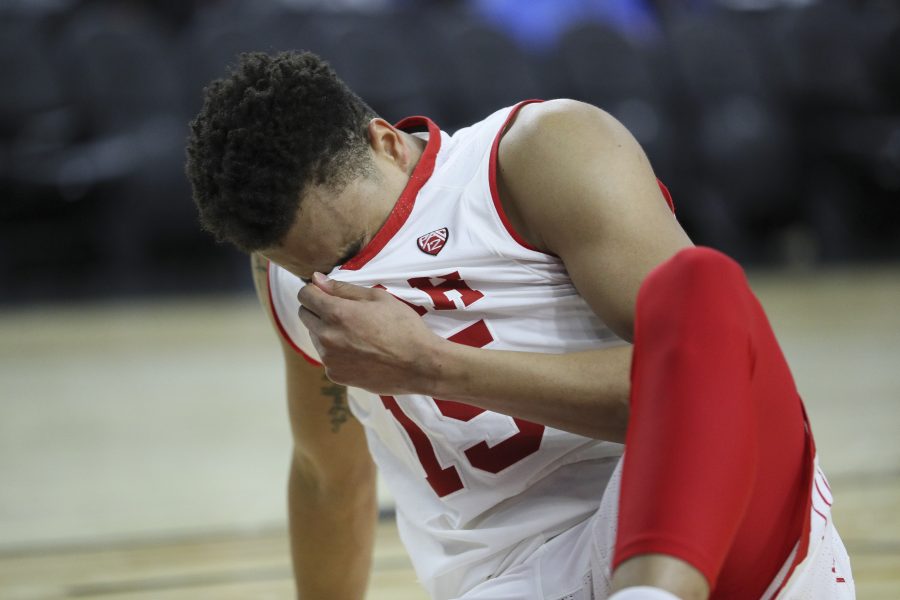 Utah Utes guard Lorenzo Bonam (15) injured during the second round of the PAC 12 Tournament against the California Golden Bears at the T-Mobile Center in Las Vegas, Nevada on Thursday, March 9, 2017. Chris Ayers Daily Utah Chronicle.
