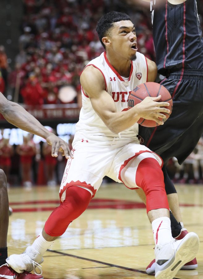 Utes sophomore Sedrick Barefield (2) drives to the hoop against Stanford Cardinals on Saturday, March 4, 2017. Chris Ayers Daily Utah Chronicle.