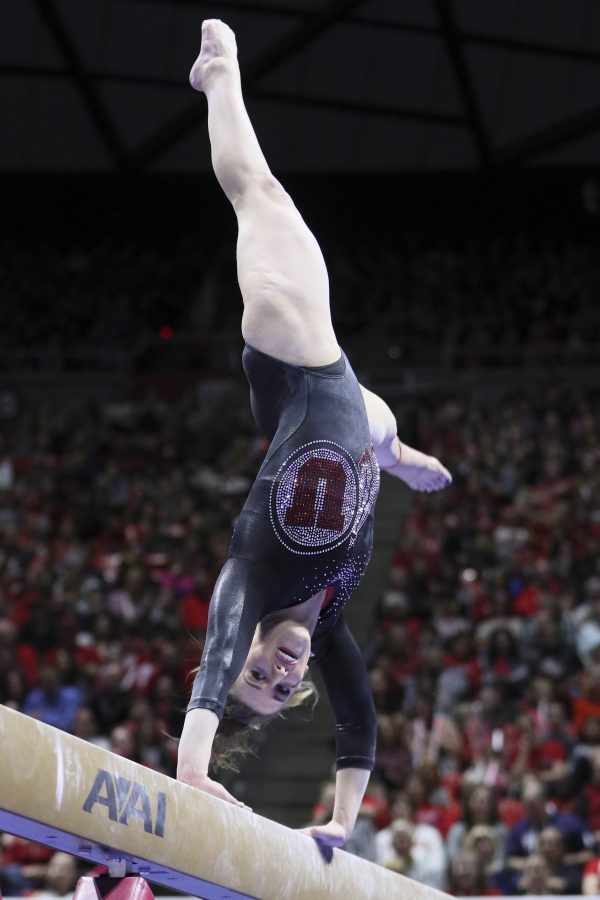 An emotional senior Baely Rowe performs her final beam routine vs Stanford at the Jon M. Huntsman Center on Friday, March 3, 2017. Chris Ayers Daily Utah Chronicle.