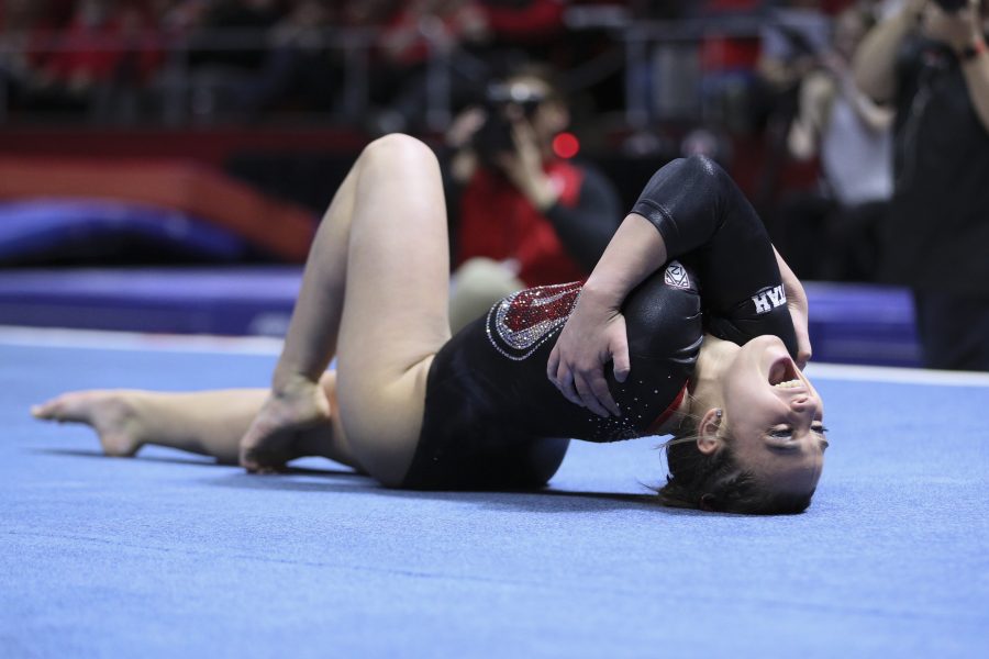 Sophomore Macey Roberts at the end of her floor routine vs Stanford at the Jon M. Huntsman Center on Friday, March 3, 2017. Chris Ayers Daily Utah Chronicle.