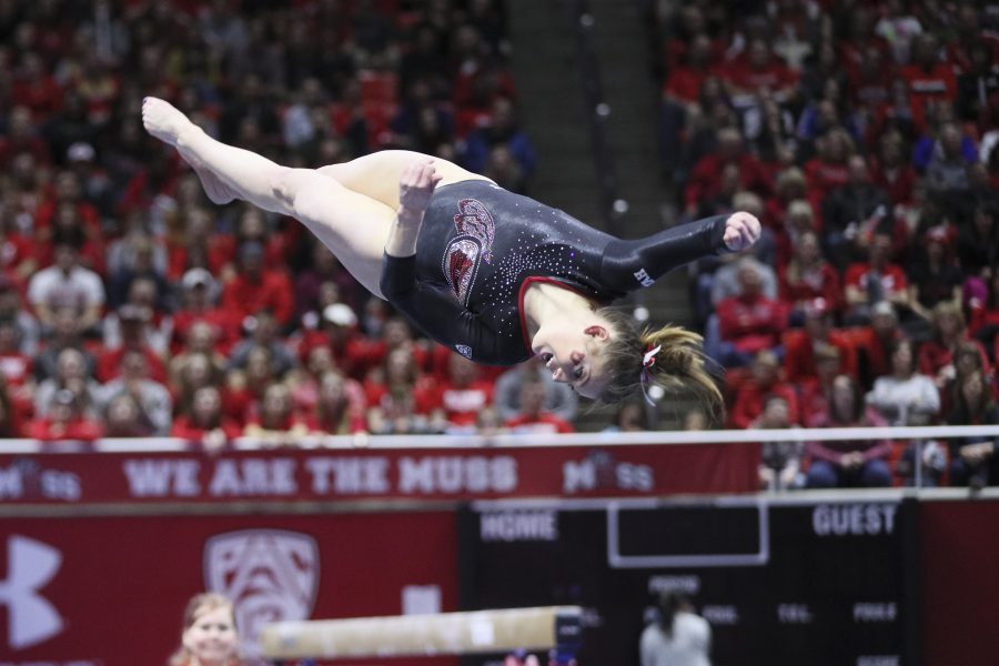 Senior Baely Rowe performing her floor routine vs Stanford at the Jon M. Huntsman Center on Friday, March 3, 2017. Chris Ayers Daily Utah Chronicle.