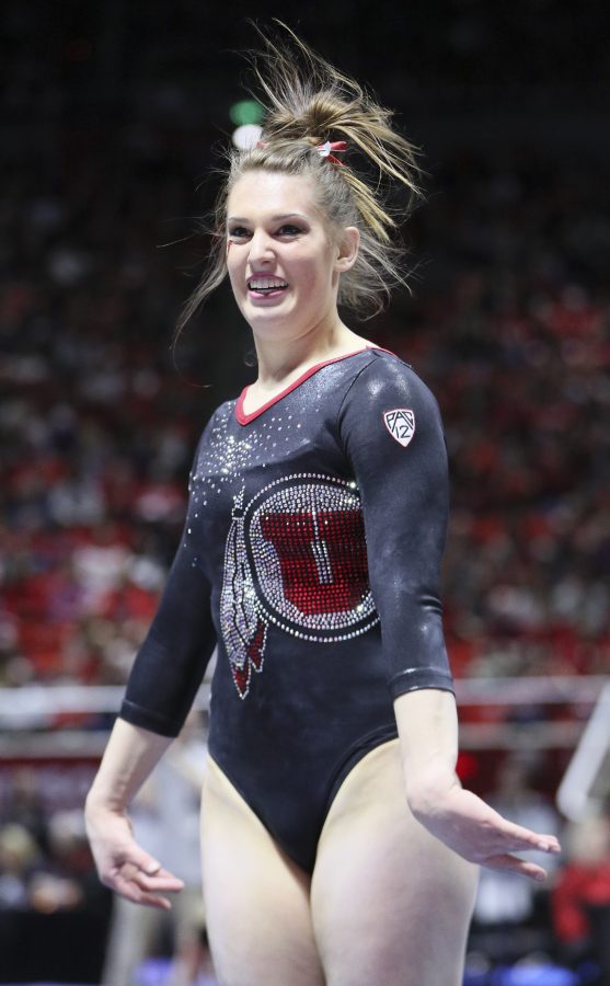 Senior Baely Rowe performing her floor routine vs Stanford at the Jon M. Huntsman Center on Friday, March 3, 2017. Chris Ayers Daily Utah Chronicle.